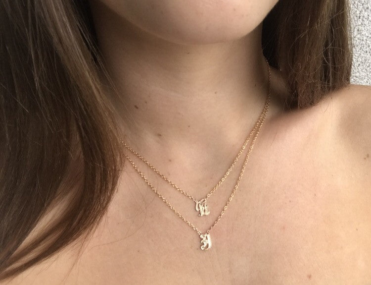 Rebel Necklace {Old English Initial} Solid 14K Gold